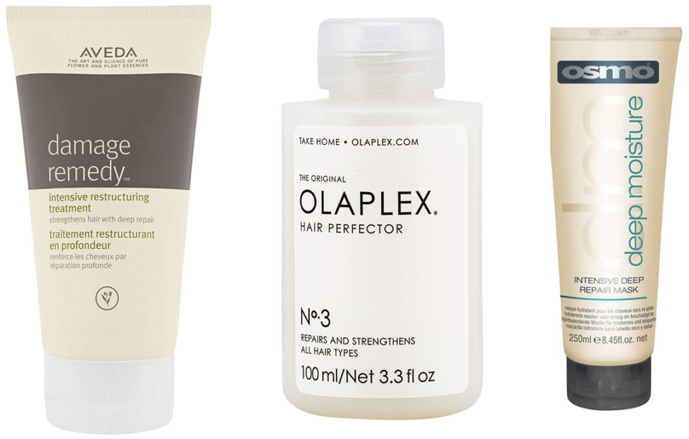 Bottles and tubes of hair treatment - Aveda, Olaplex and Osmo (mentioned in text below)