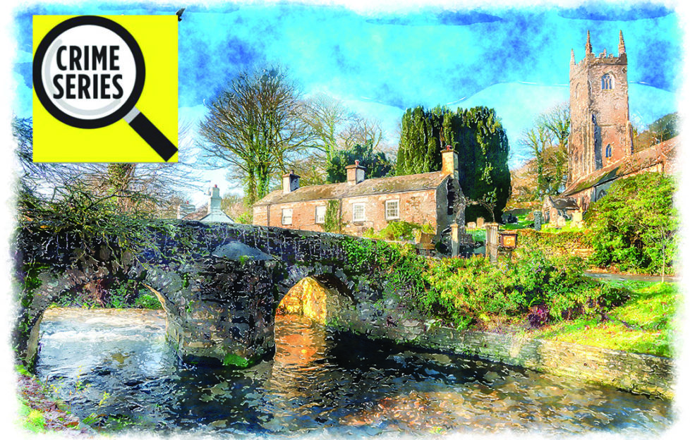 Stone bridge over river, peaceful village scene, terraced cottages and trees behind