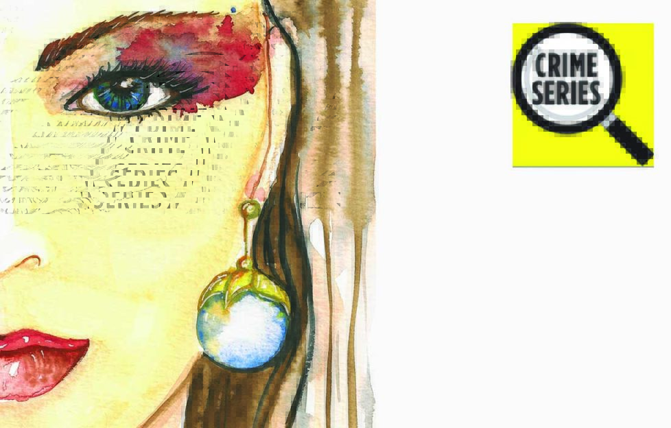 Watercolour illustration, half of a girl's face with red eyeshadow, long blonde hair and large pearl earring and necklace