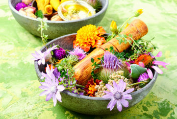 Beautiful dish of marigolds, thistles and other herbal flowers with wooden pestle for grinding them into medicines