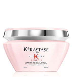 Pot of Kerastase K Genesis hair mask, small pink pot tapers outwards, pink and silver lid, red K on logo