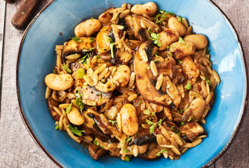 Turquoise bowl of sliced mushrooms, butterbeans, orzo pasta and vegetables in a rich golden brown sauce