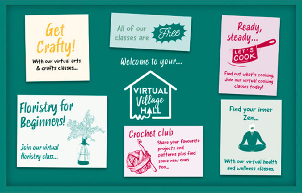 Graphic of green noticeboard with notices advertising cookery, flower arranging, crochet club and the fact all classes are free