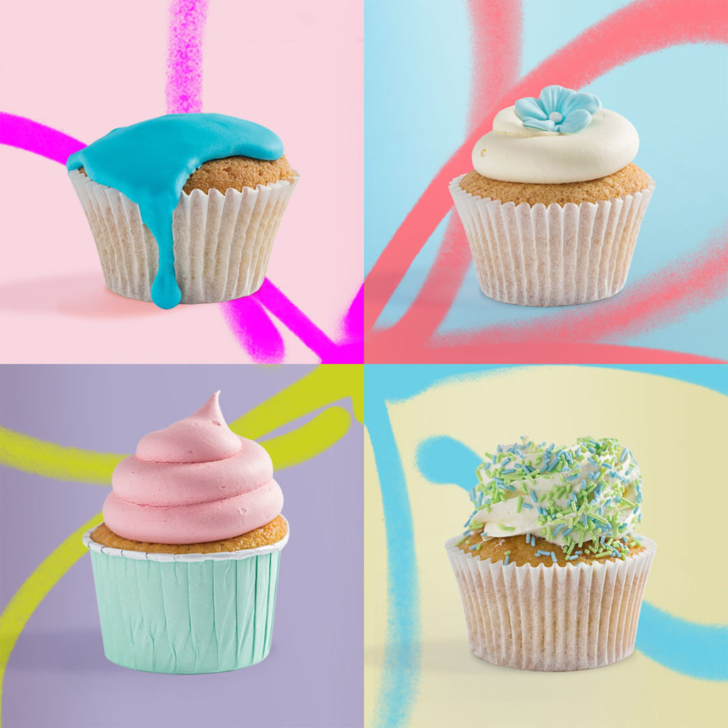 4 brightly iced cupcakes against bright backgrounds