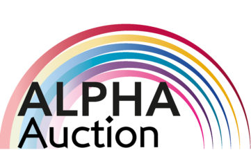 Logo with text Alpha Auction against a rainbow