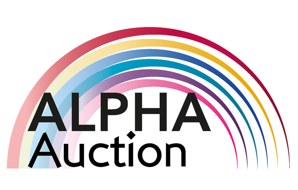 Logo with text Alpha Auction against a rainbow