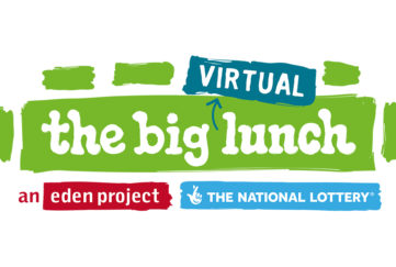 logo of big virtual lunch, text on green panel representing a long table, shorter green bars around it representing chairs