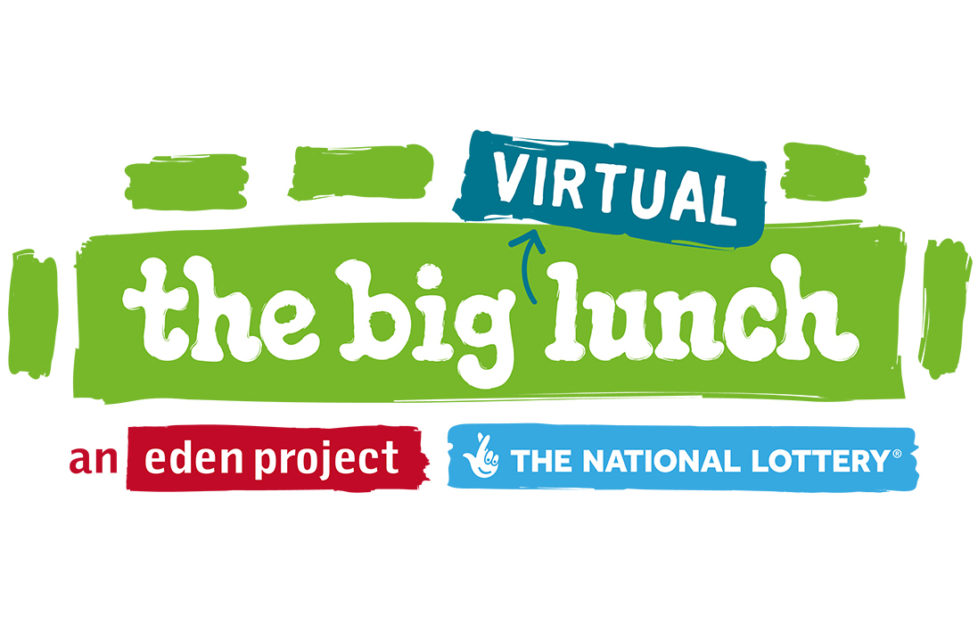 logo of big virtual lunch, text on green panel representing a long table, shorter green bars around it representing chairs