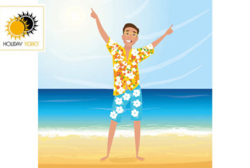 Digital cartoon of man in flowery shorts, Hawaiian shirt and yellow framed glasses, dancing at the edge of the sea