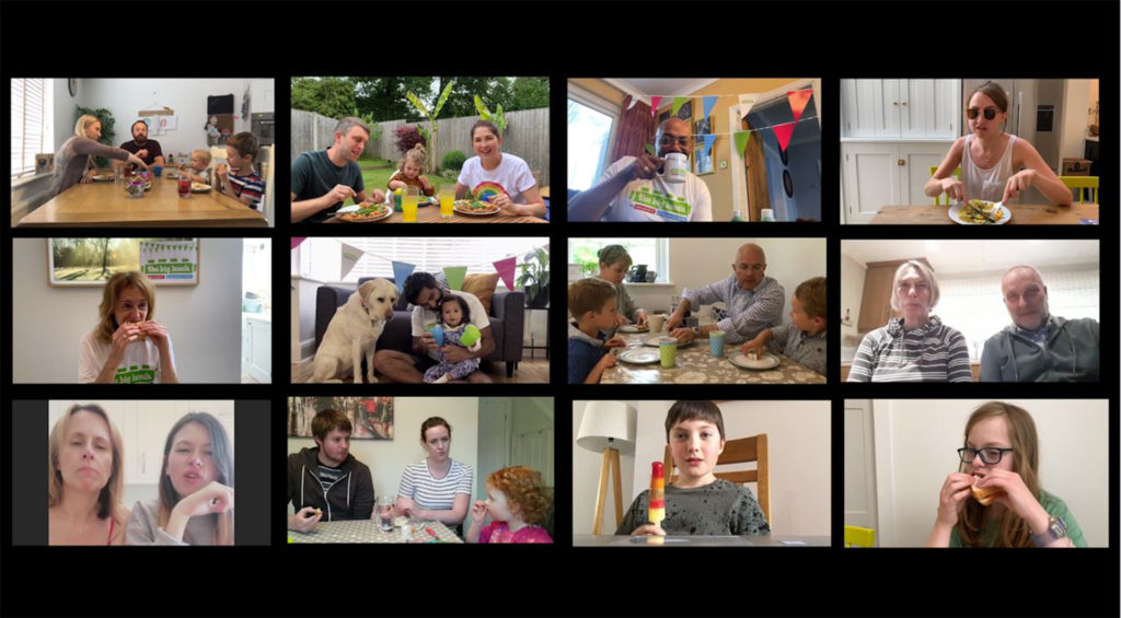 Composite image of people on screen eating, from a boy with an ice lolly to people sitting on the floor with their dog