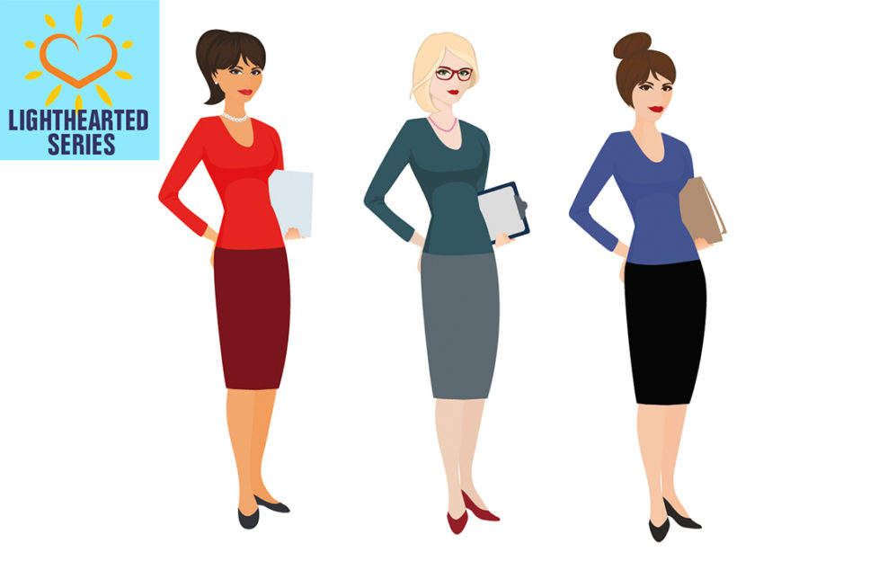 Digital illustration of 3 female office workers, different hair and clothes, same pose