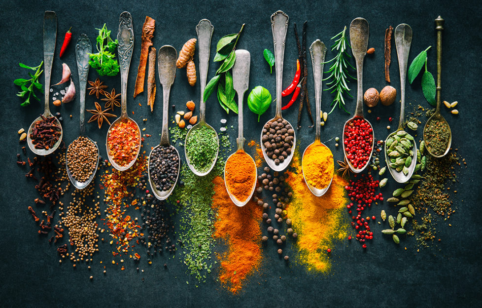 Row of old metal spoons, each containing a brightly coloured ground spice, some spilling forwards. Between the handles are spice sticks, pods and seeds and sprigs of herbs