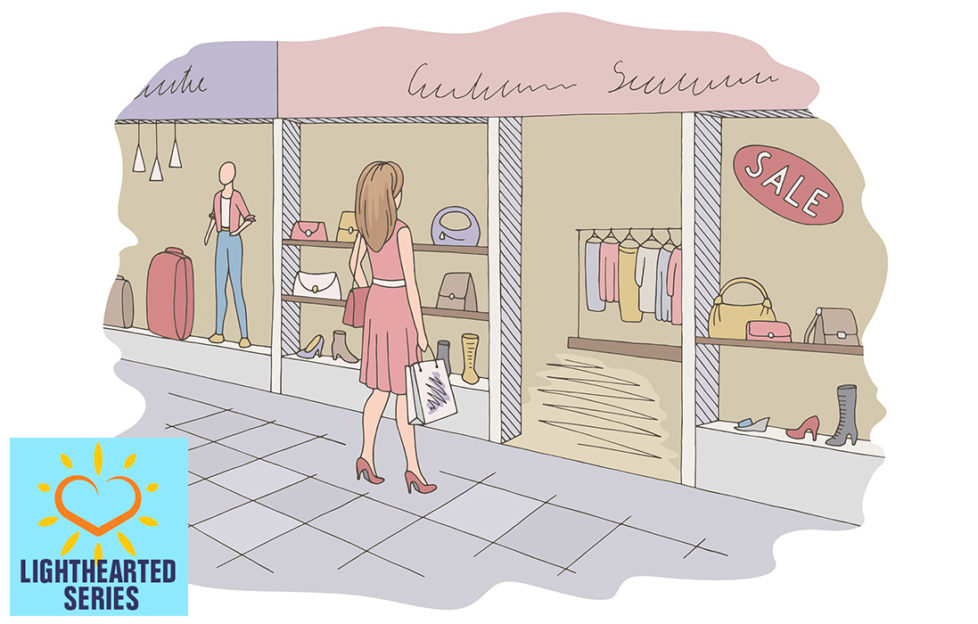 Pastel coloured illustration of a girl looking into the window of a clothes and shoes shop. She wasn't looking for new sandals