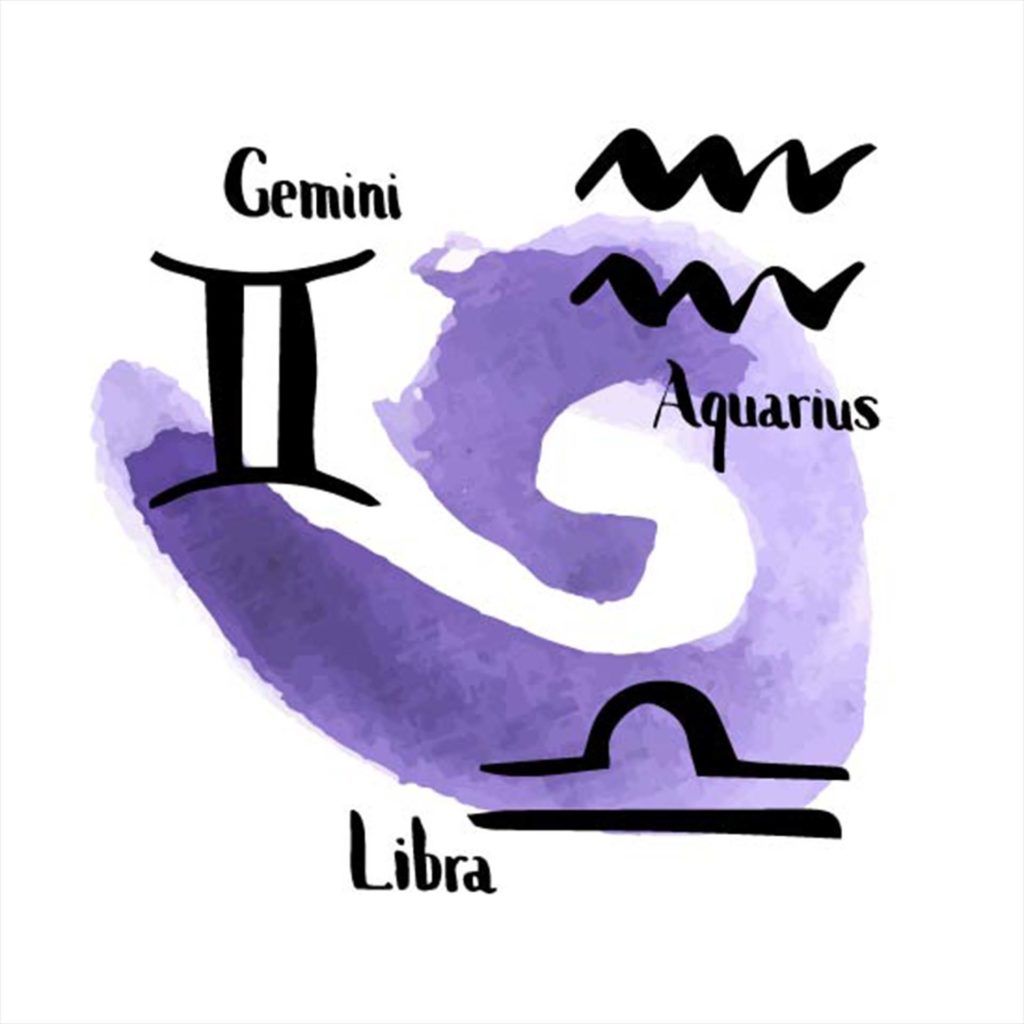 Hand drawn set of zodiac signs. Ink brush and watercolor. Air elements. Vector illustration.