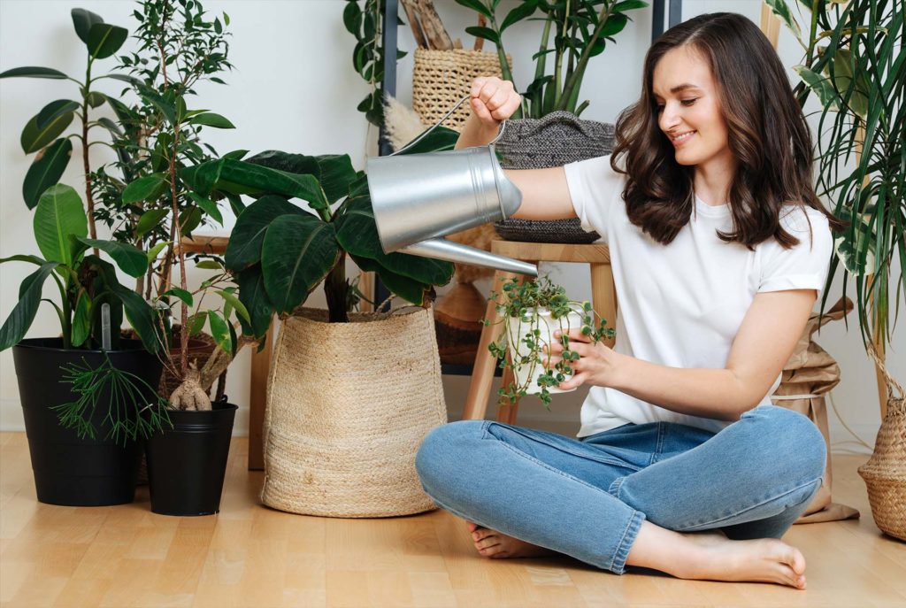 A woman sitting on the floor pours water into a flower pot, she cares for house plants