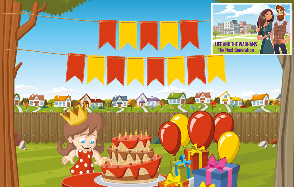 Illustration of small girl looking delighted at birthday cake on table in the garden, with bunting and pile of presents