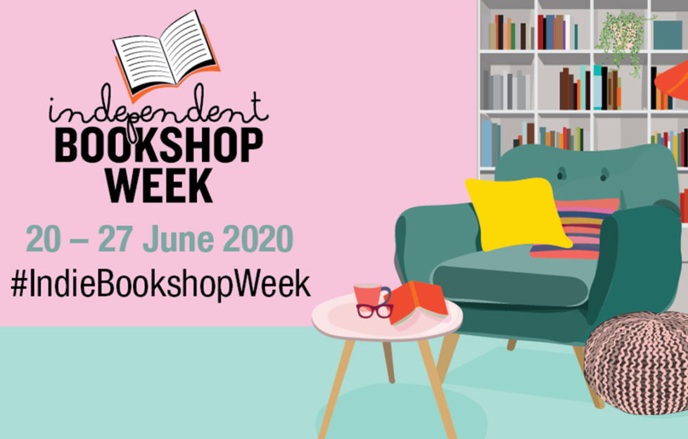 Logo of independent bookshop week, digital illustration of an armchair and coffee table with bookshelves behind