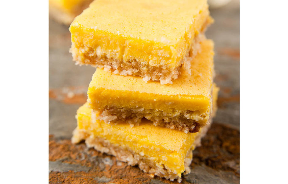 3 cake squares, creamy lemon topping and biscuit base