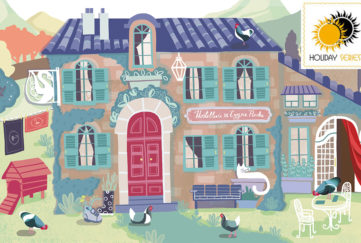 Illustration of quaint hotel with arched red doors, turquoise shutters and hens roaming in garden