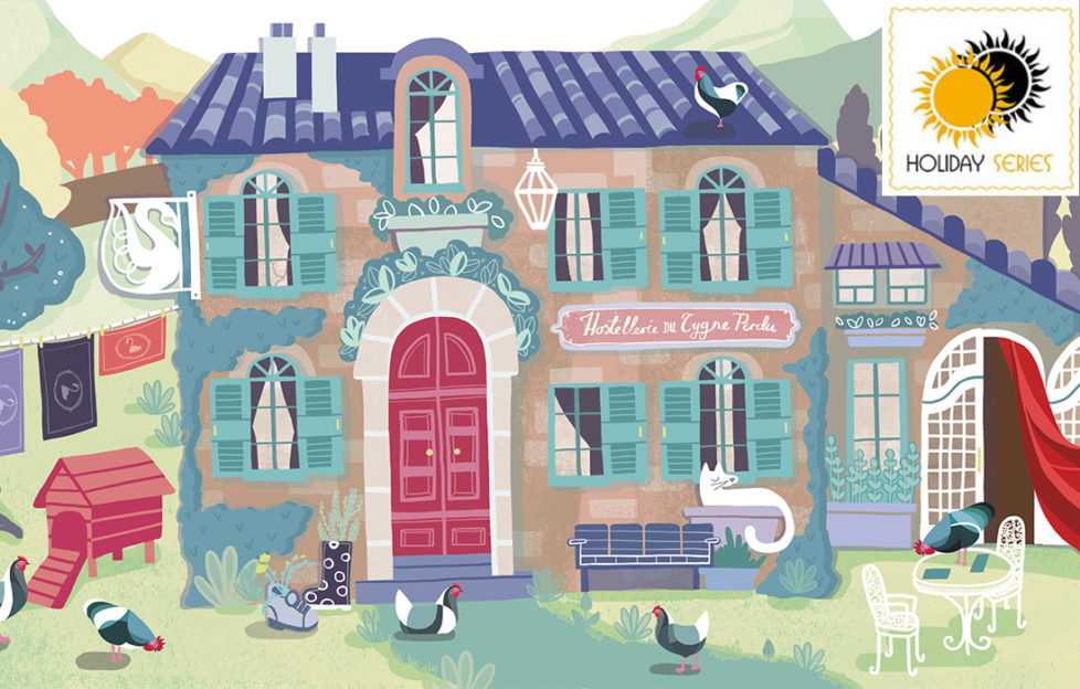 Illustration of quaint hotel with arched red doors, turquoise shutters and hens roaming in garden