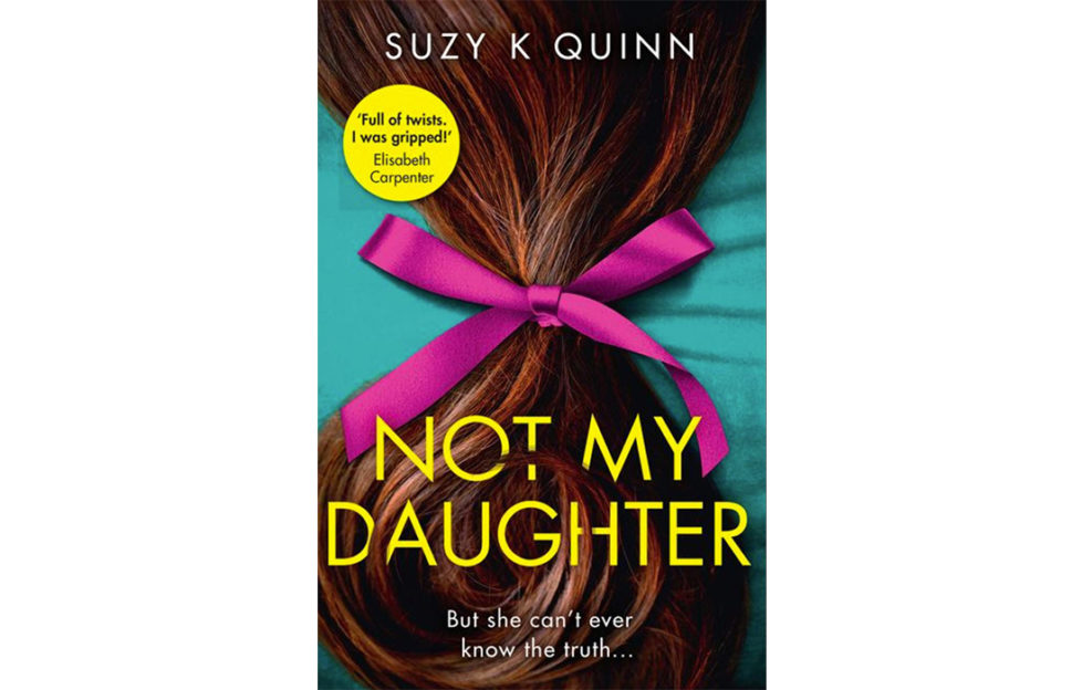 Cover of Not My Daughter, photo of long rich brown hair pulled loosely into purple ribbon tied in a bow