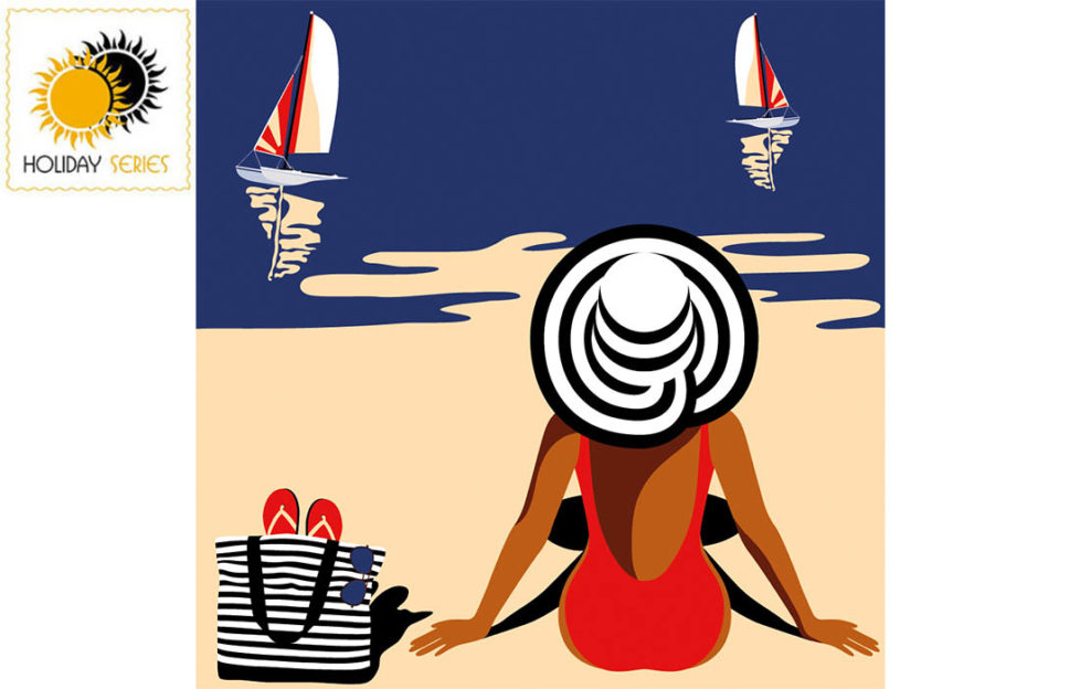 Digital cartoon of woman sitting on beach, back view, red costume and black/white spiral striped sunhat, 2 yachts on deep blue sea