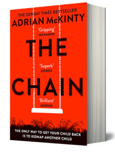 Cover of The Chain, red background, empty child's swing in white, lettering in black