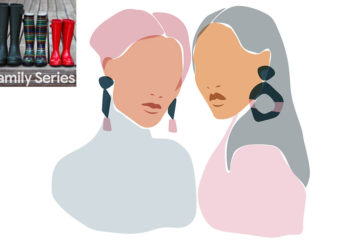 Illustration of 2 women talking, head and shoulders in pink, mid flesh tone and grey, faces blank except for lips and earrings