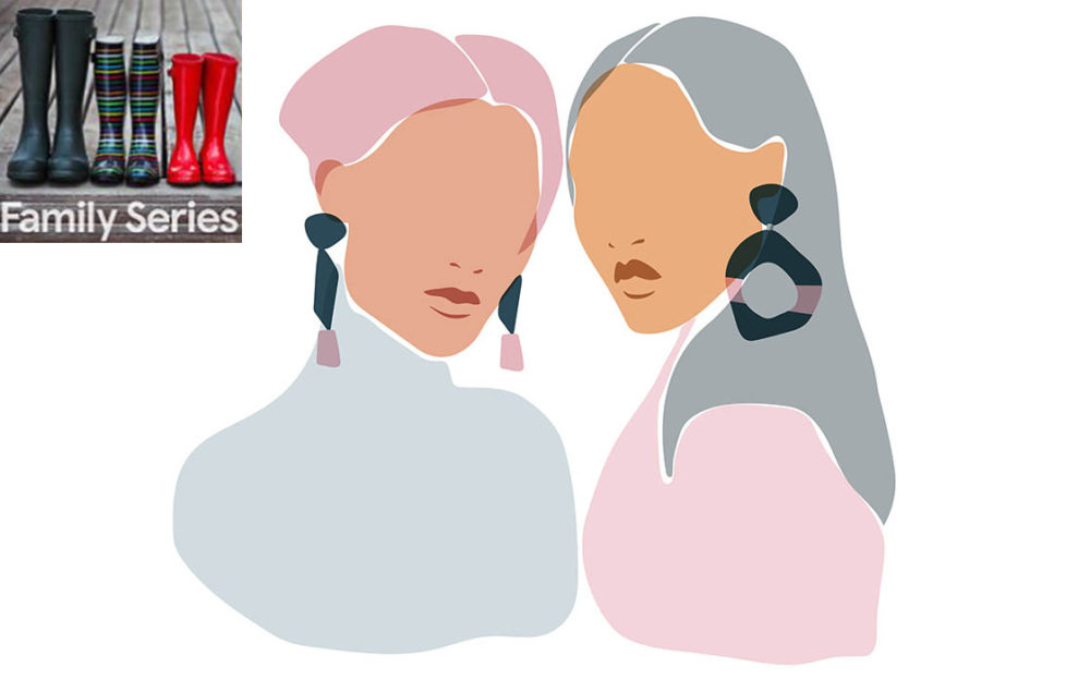 Illustration of 2 women talking, head and shoulders in pink, mid flesh tone and grey, faces blank except for lips and earrings