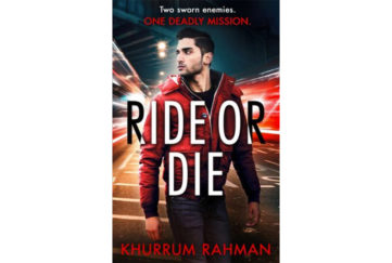 Cover of Ride Or Die thriller, handsome young Asian man in red jacket over black clothes looking over his shoulder, lights of traffic at night