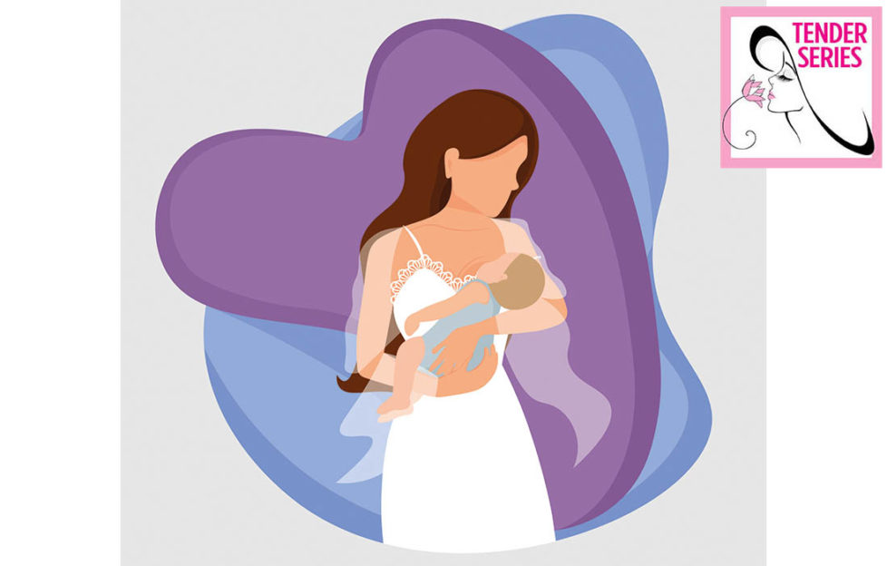 Digital cartoon of woman in nightdress cradling sleeping baby, purple heart behind