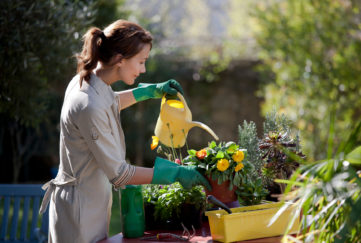 Woman watering flowers with a water can