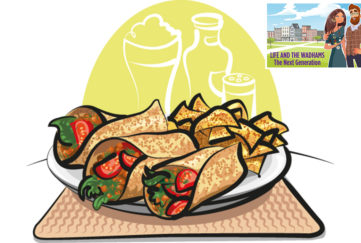 Date night. Illustration of fajitas on a plate with nacho chips, green panel behind