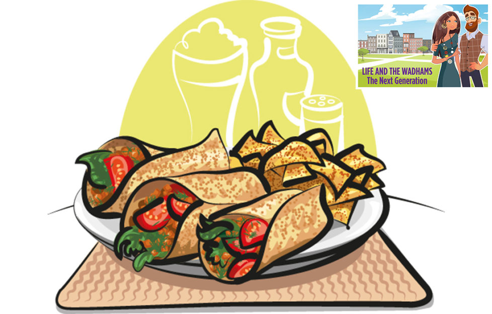 Date night. Illustration of fajitas on a plate with nacho chips, green panel behind