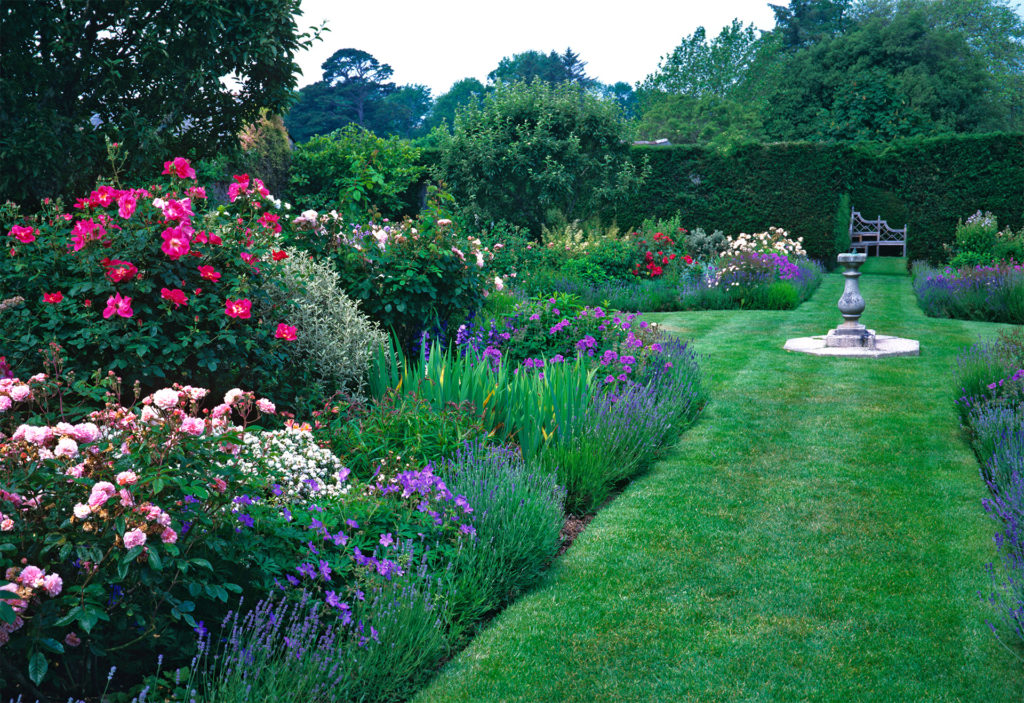 Mounds of plants in border edged with lavender, grassy path leading to sundial and bench