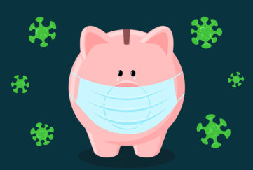 Cartoon of piggy bank in face mask surrounded by green virus molecules