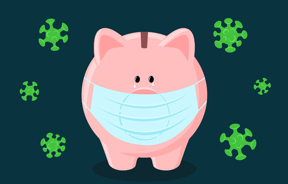 Cartoon of piggy bank in face mask surrounded by green virus molecules