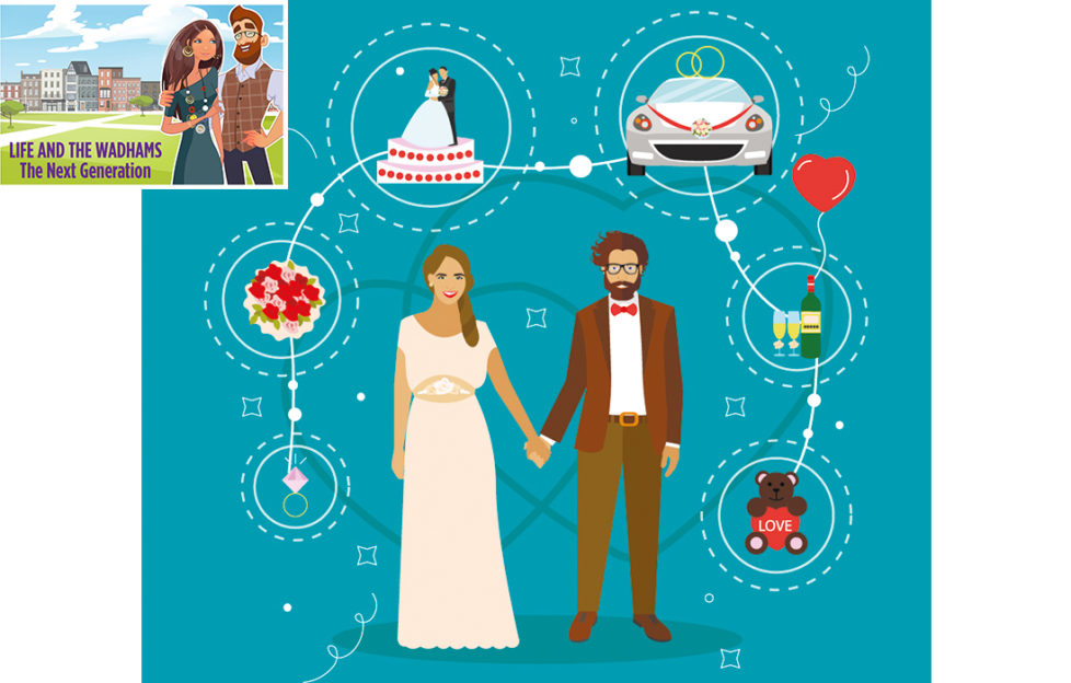 Illustration of young bride and groom standing hand in hand on teal background, images around them of engagement ring, cake, car, wedding dance and love symbol with teddy bear