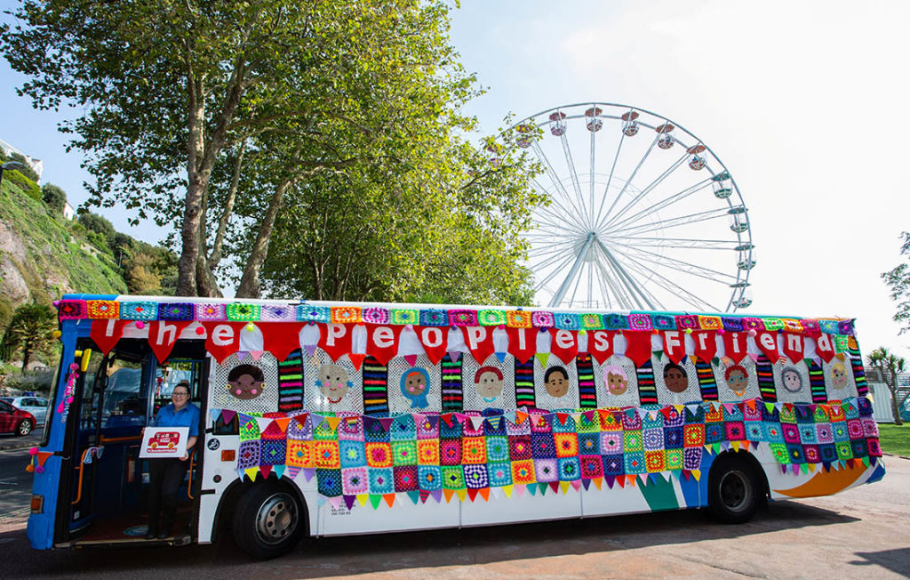 Yarn bombed bus