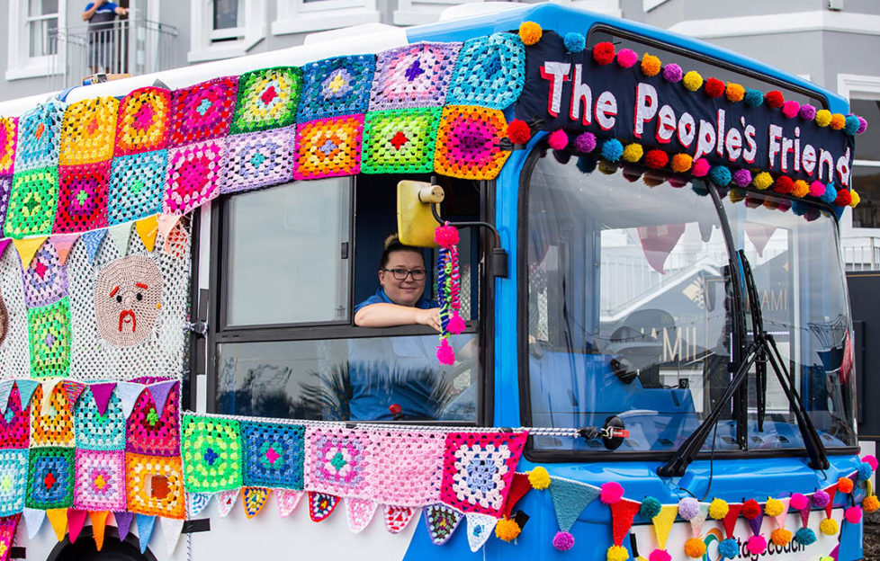 Yarn bombed bus