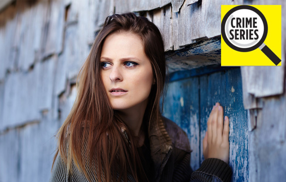 Anxious woman pushing door of shabby cottage, looking over her shoulder, man is looking for his sister