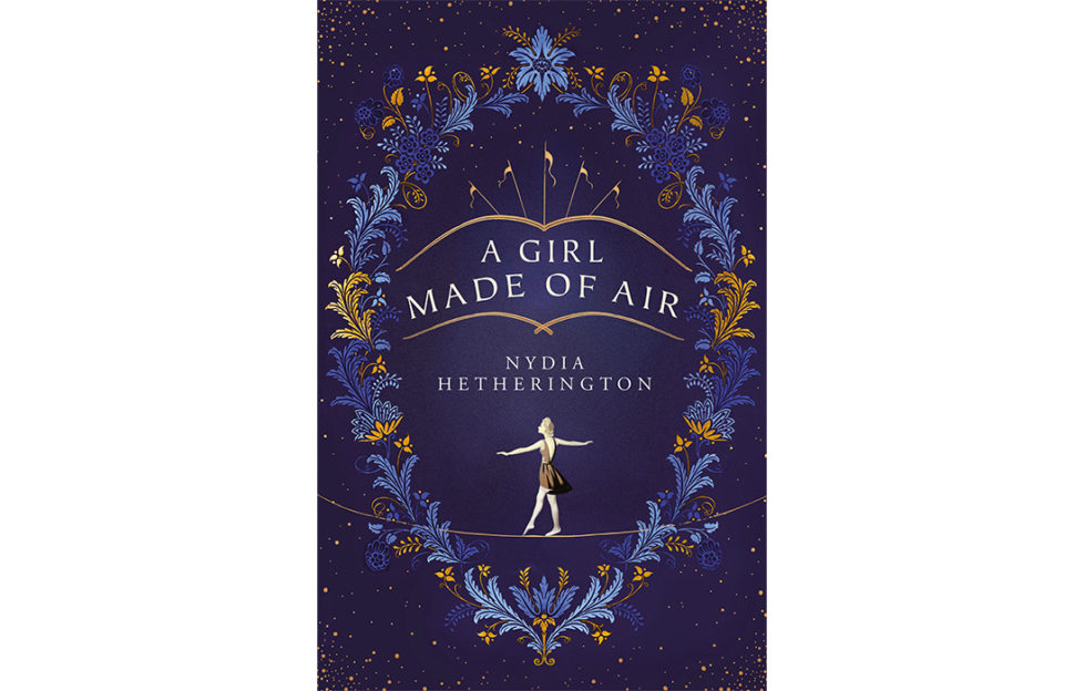 Cover of A Girl Made Of Air, deep purple, outline of big top tent, frame of gold and blue plumes and girl standing arms raised on tightrope