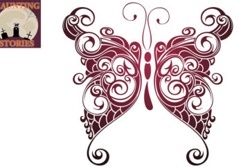 Ornate stylised tattoo-style illustration of a butterfly from purple to red