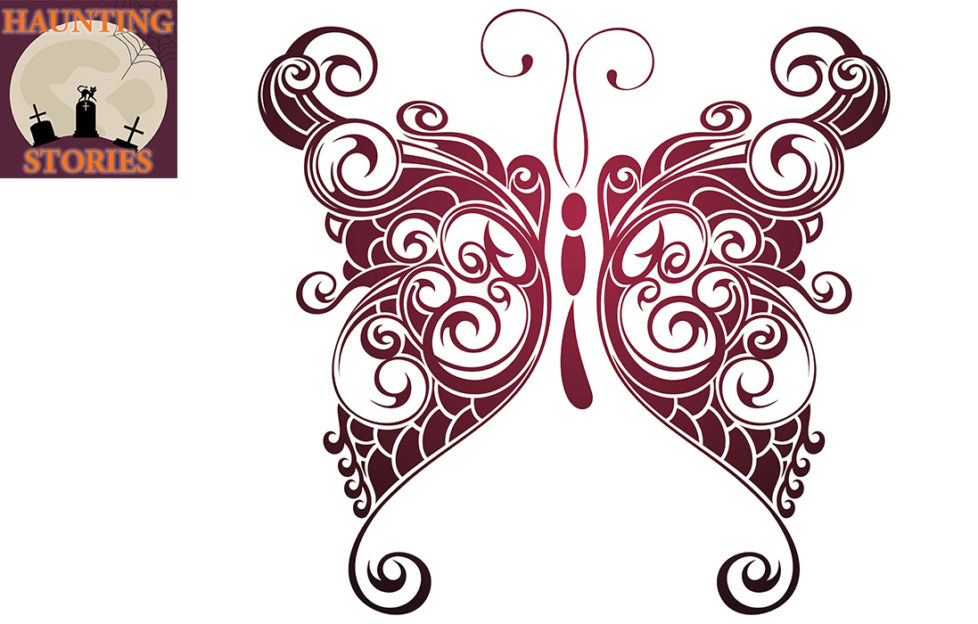 Ornate stylised tattoo-style illustration of a butterfly from purple to red