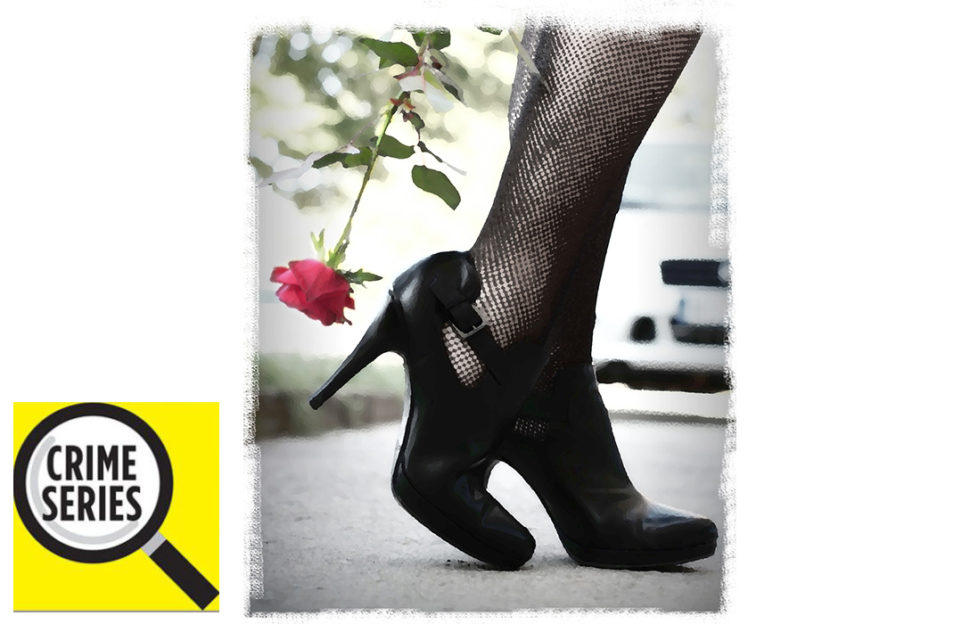 Woman in beautiful black high heeled shoes and black tights, trailing pink long stemmed rose, we only see shoes and lower legs