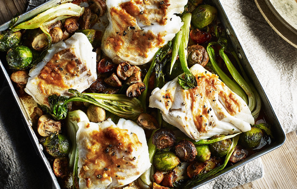 Tray of roasted sprouts and mushrooms with 4 pieces of white fish on top, topped with golden brown sauce