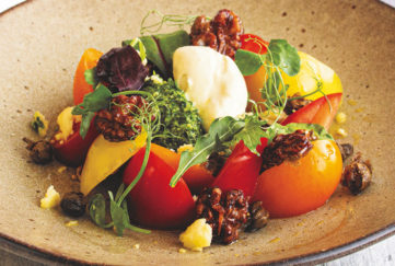 Colourful plate of salad with red and yellow tomatoes, green leaves and creamy white mousse