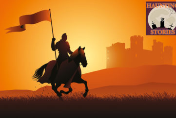 Silhouette of horseman with banner, riding past castle at sunset