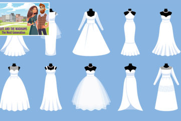 Illustration of 10 different wedding dresses on dressmaker's dummies, blue background