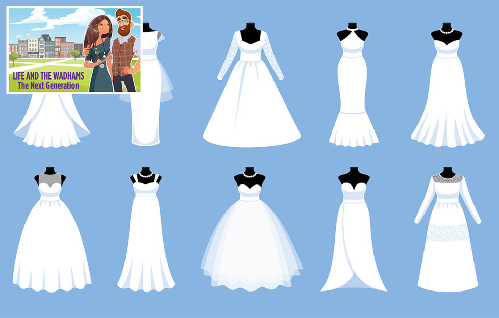 Illustration of 10 different wedding dresses on dressmaker's dummies, blue background